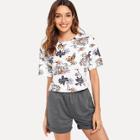 Shein Botanical And Letter Print Top And Rolled Hem Shorts Set