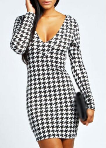 Rosewe Long Sleeve Houndstooth Print Sheath Dress