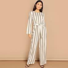 Shein Zip Back Belted Stripe Jumpsuit