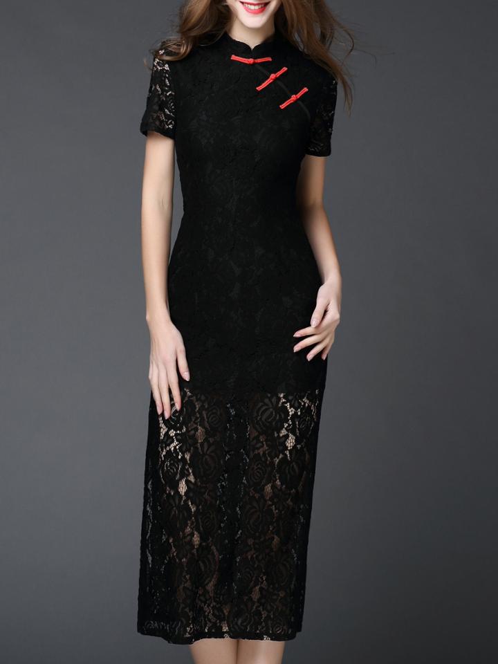 Shein Black Collar Sheath Split Lace Dress