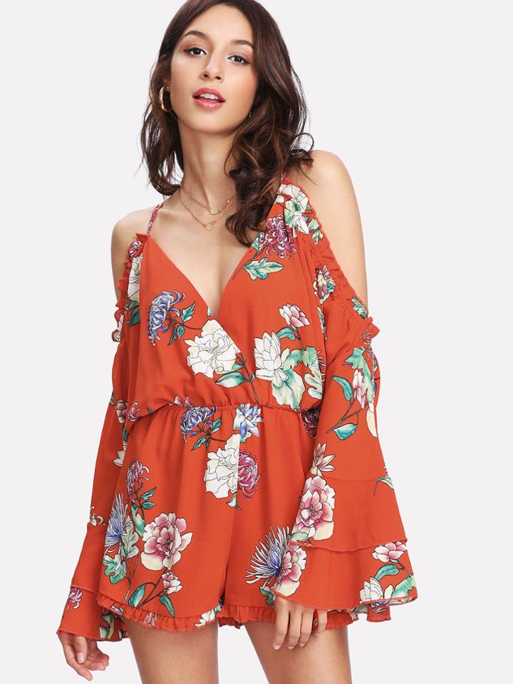 Shein Frill Open Shoulder Surplice Wrap Romper