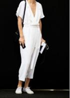Rosewe White Turndown Collar Short Sleeve Belted Jumpsuit