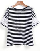Shein Black White Lace Short Sleeve Striped T-shirt