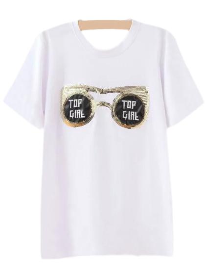 Shein White Letter Sequined Glasses Casual T-shirt