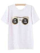 Shein White Letter Sequined Glasses Casual T-shirt