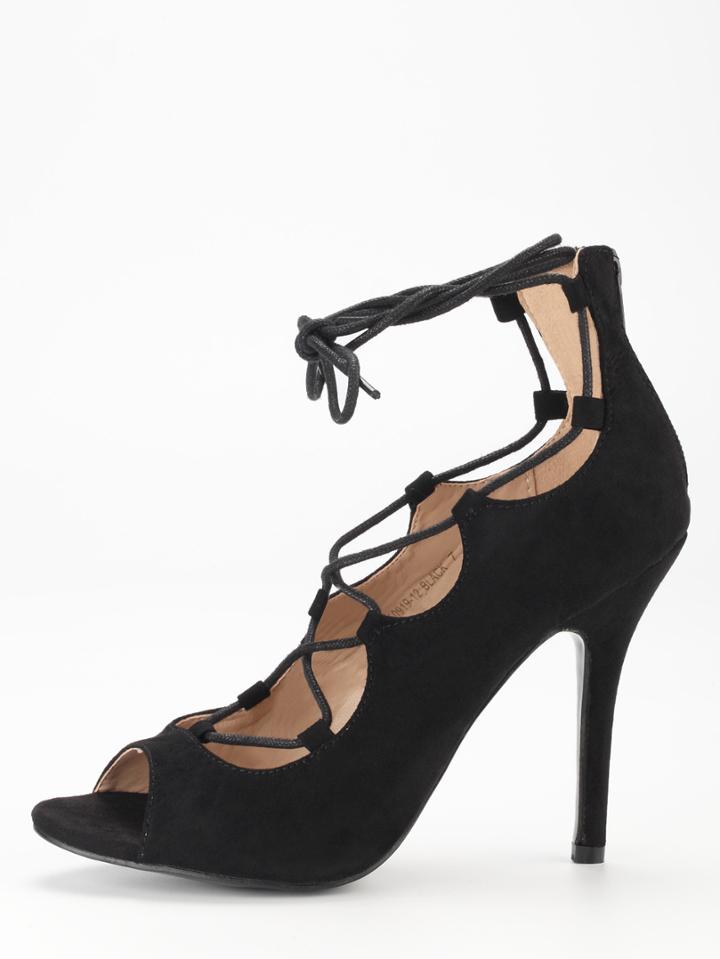 Shein Black Faux Suede Lace Up Peep Toe Pumps