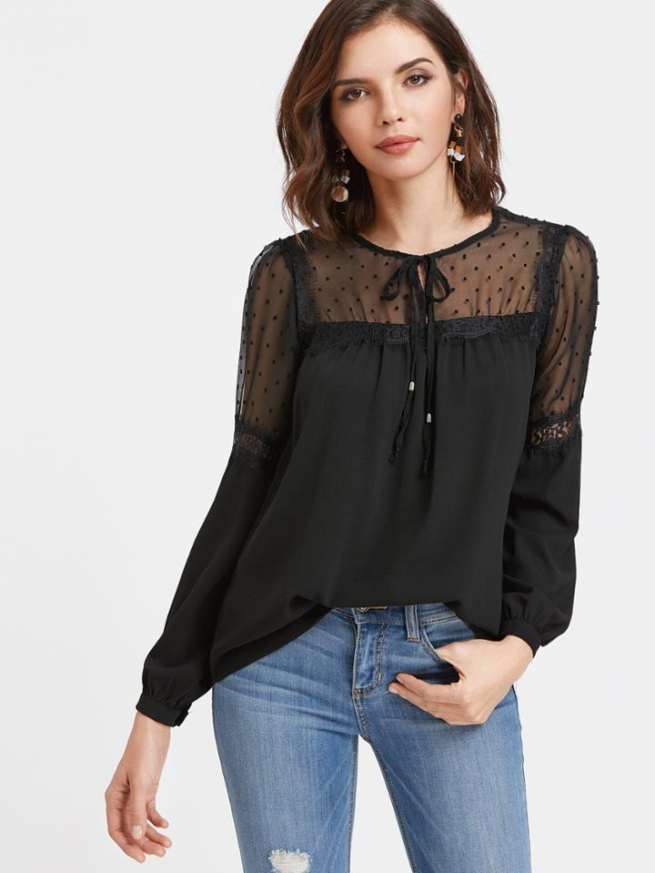 Shein Black Tie Neck Lace Trim Blouse