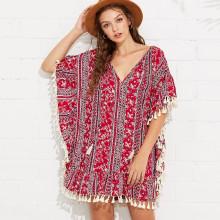Shein Tassel Tie Tribal Print Batwing Dress
