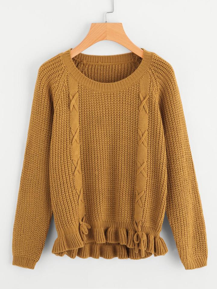 Shein Frill Hem Lace Up Textured Knit Jumper