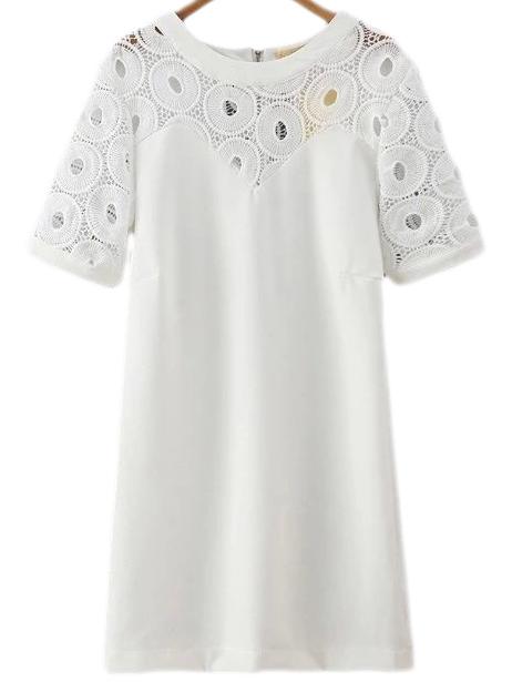 Shein White Round Hollow Lace Splicing Dress