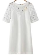 Shein White Round Hollow Lace Splicing Dress