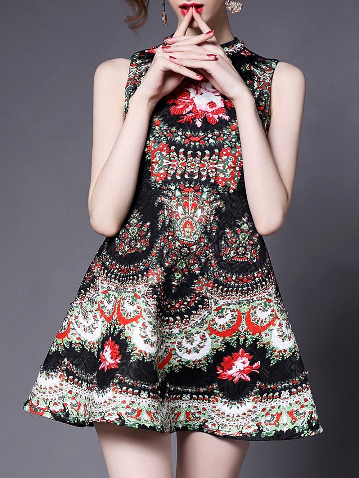Shein Multicolor Round Neck Sleeveless Beading Print Dress