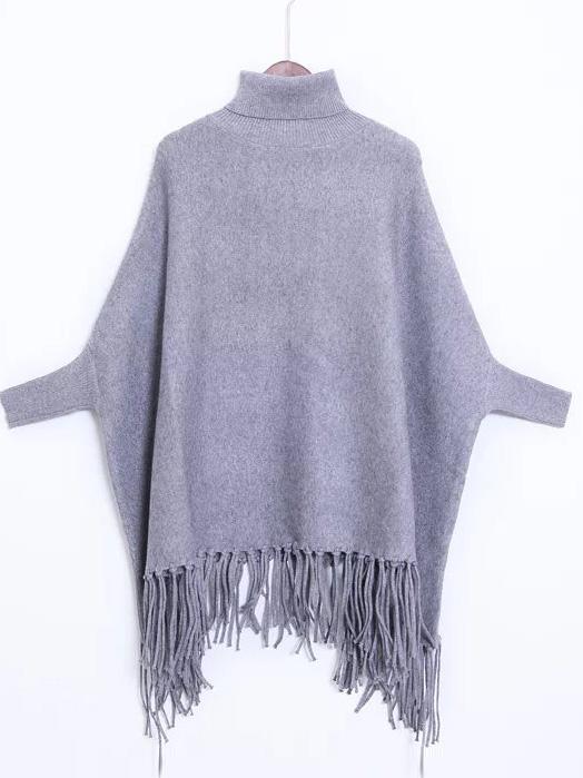 Shein Grey Turtleneck Batwing Sleeve Fringe Cape Sweater