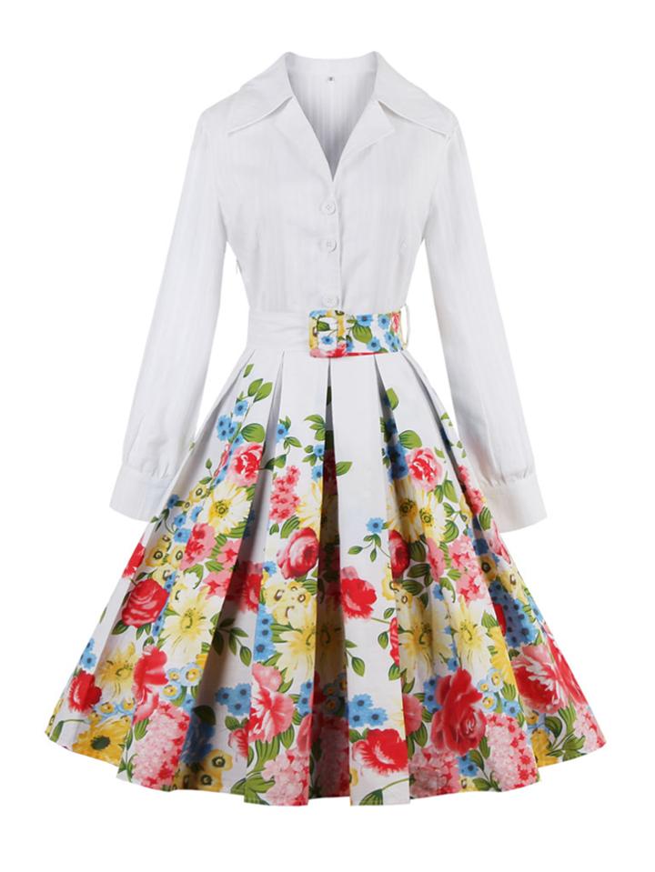 Shein Revere Collar Belted Florals Circle Dress