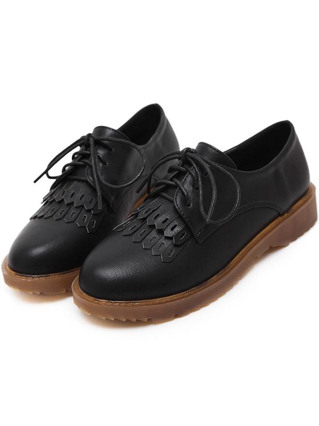 Shein Black Round Toe Tassel Lace Up Flats