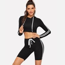 Shein Striped Crop Hooded Tee & Legging Shorts Active Suit