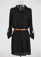 Rosewe Women Black Chiffon Long Sleeve Lapel Shirt Dress