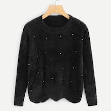 Shein Pearl Beaded Wave Hem Mohair Sweater
