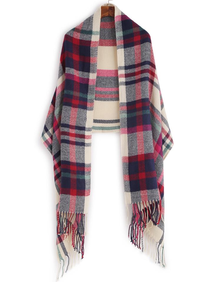 Shein Beige And Red Plaid Fringe Edge Shawl Scarf