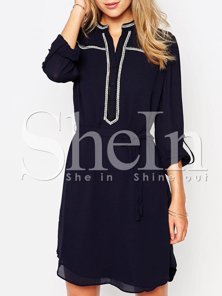 Shein Navy Round Neck Long Sleeve Dress