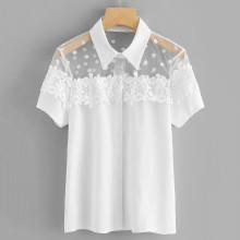 Shein Dot Mesh Insert Crochet Trim Shirt