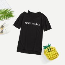 Shein Girls Cut Out V Neck Letter Print Tee