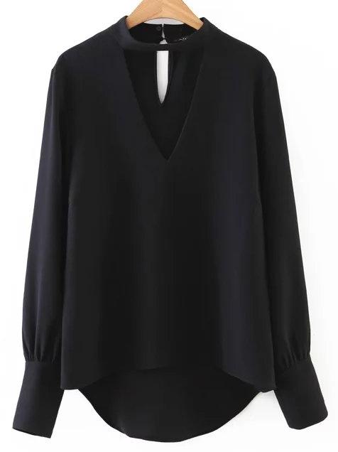 Shein Black Choker V Neck Dip Hem Blouse