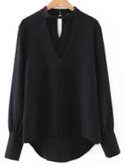 Shein Black Choker V Neck Dip Hem Blouse