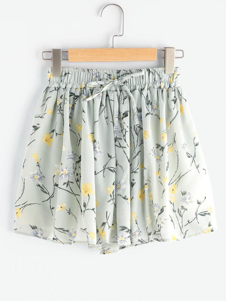 Shein Ditsy Print Pleated Shorts With Drawstring Waist