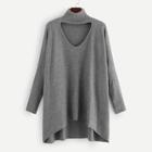 Shein V-cut Choker Neck Dip Hem Sweater