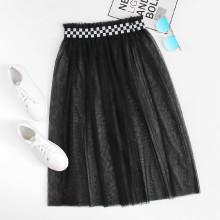 Shein Contrast Gingham Waist Mesh Overlay Skirt