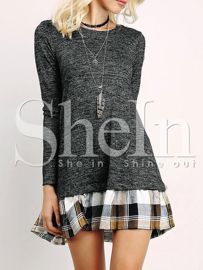 Shein Grey Long Sleeve Contrast Plaid Dress