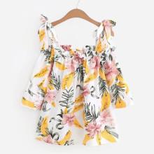 Shein Frill Trim Tie Strap Florals Blouse
