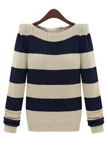Rosewe Wide Stripes Long Sleeve Boat Neck Pullovers Sweater