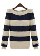 Rosewe Wide Stripes Long Sleeve Boat Neck Pullovers Sweater