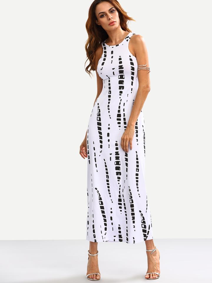 Shein White Abstract Print Cutout Tank Dress