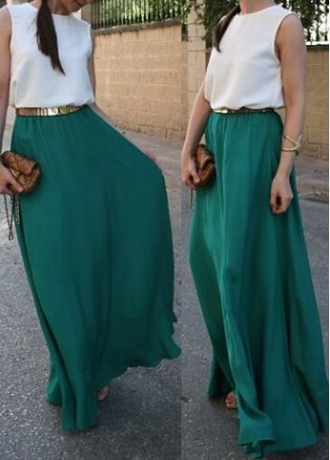Rosewe Round Neck Color Block Belted Maxi Dress