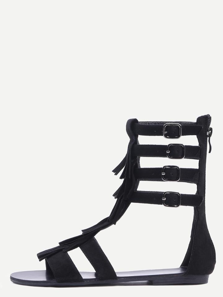 Shein Black Faux Suede Fringe Gladiator Sandals