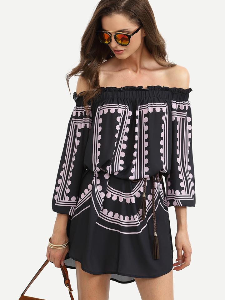 Shein Purple Print In Black Off The Shoulder Dress