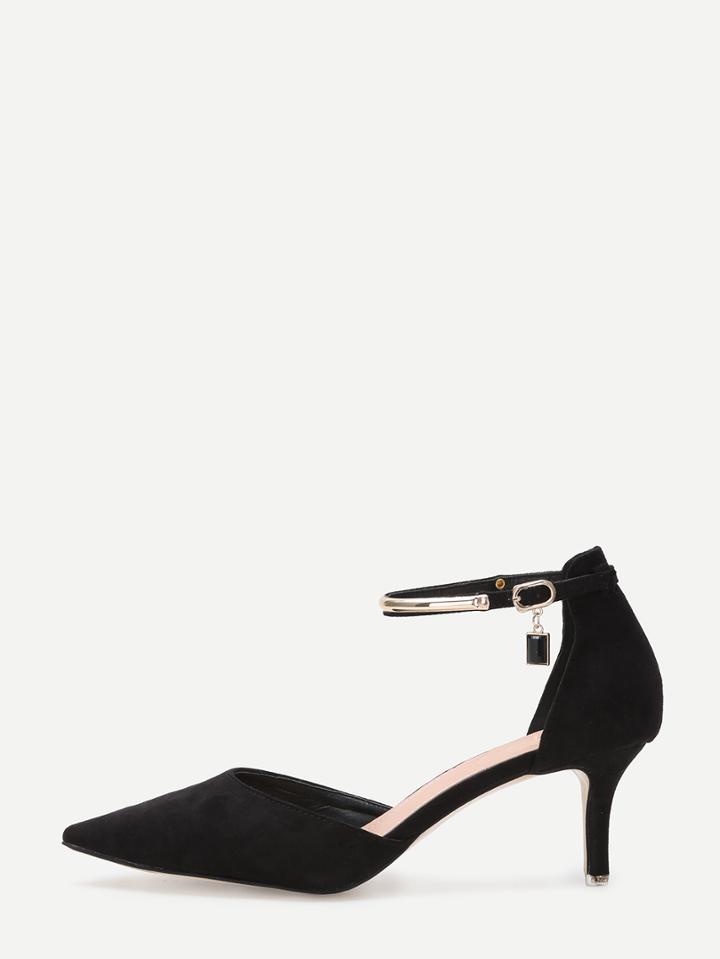 Shein Black Faux Suede Gold Plate Strap Kitten Heels