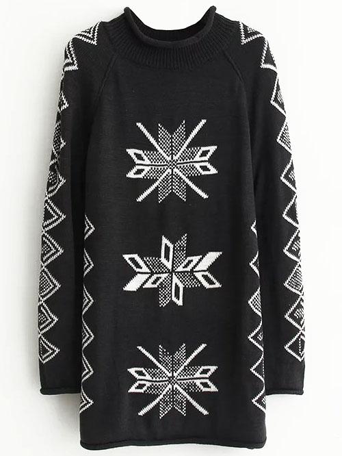 Shein Black Geometric Pattern Raglan Sleeve Long Sweater