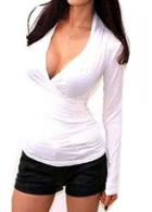 Rosewe White Deep V Neck Ruched Skinny T Shirt
