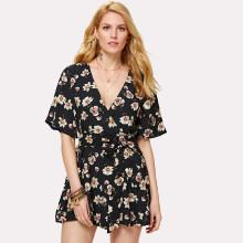 Shein Tie Waist Zip Back Floral Jumpsuit