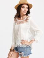 Shein Beige Contrast Hollow Out Crochet Embroidered Blouse