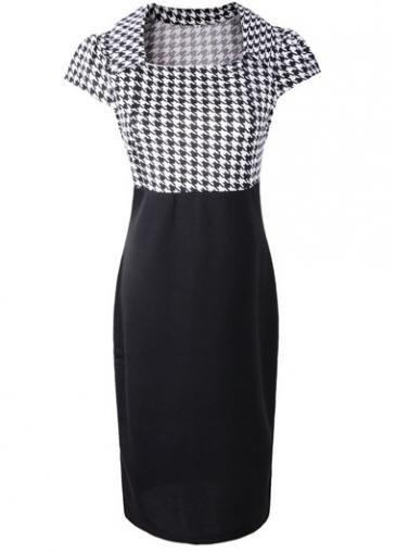 Rosewe Houndstooth Print Square Neck Sheath Dress