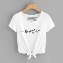 Shein Letter Print Knot Front Ladder Cut Out Tee