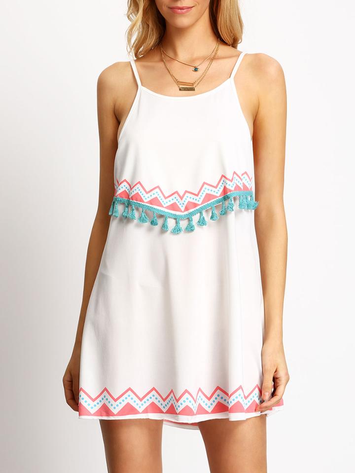 Shein White Tribal Print Tassel Spaghetti Strap Dress