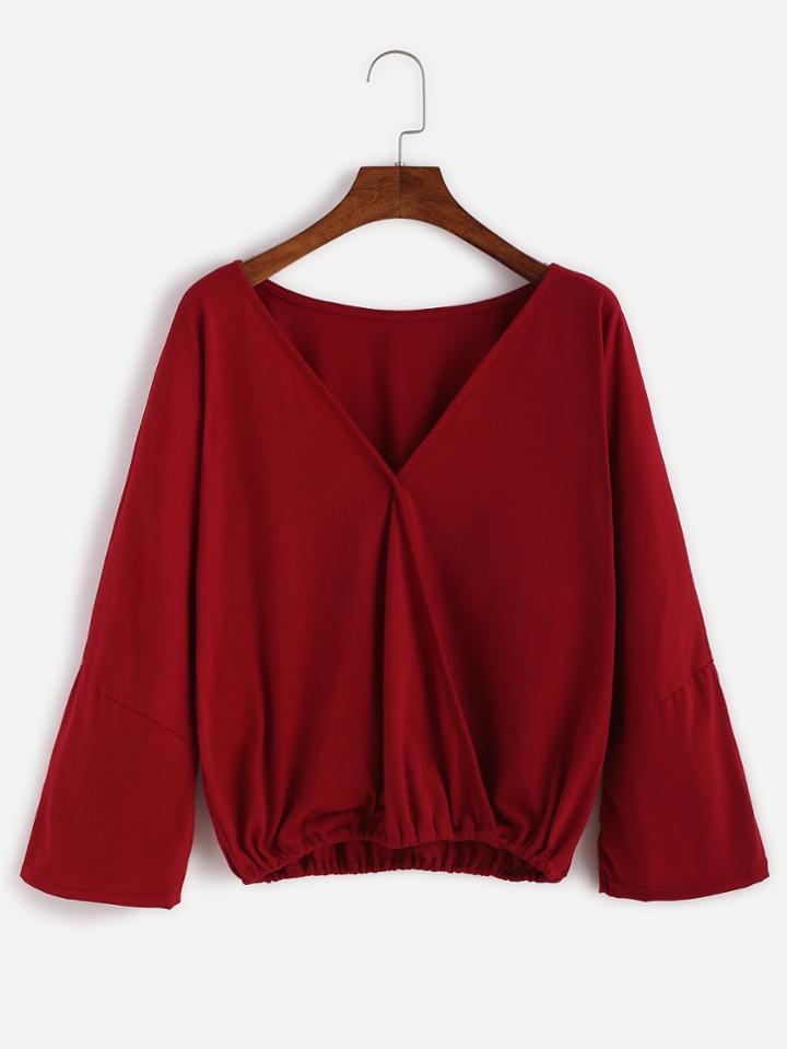 Shein Burgundy Bell Sleeve Wrap T-shirt