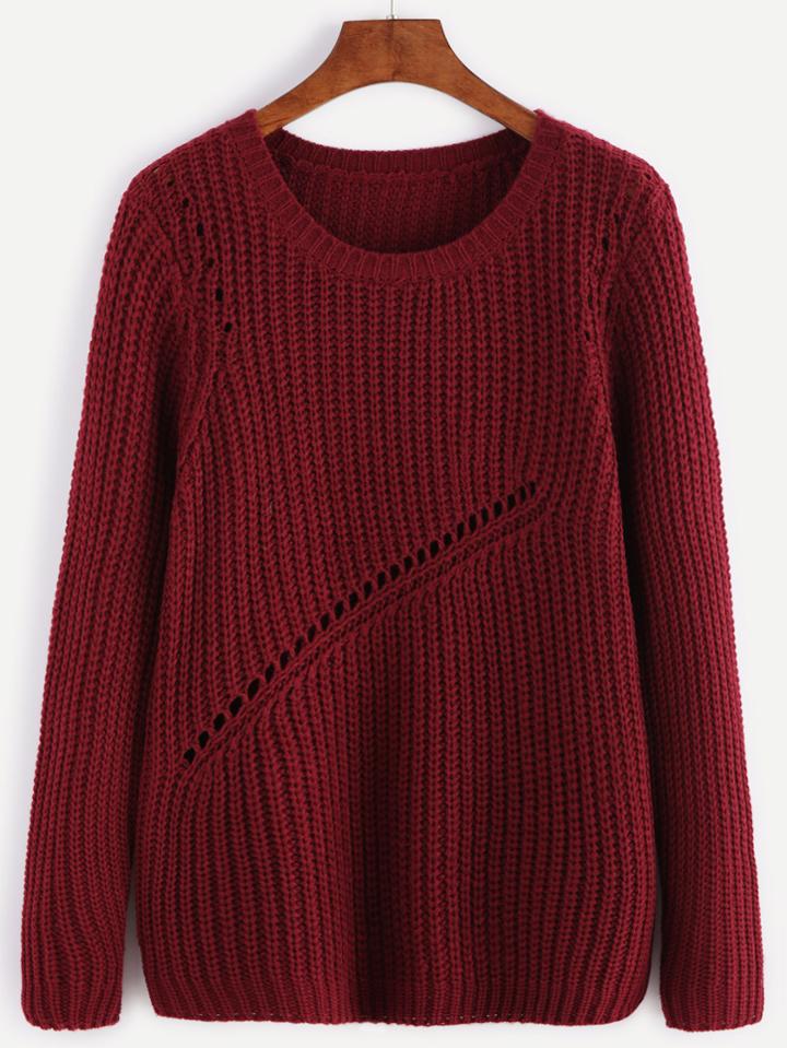Shein Burgundy Ribbed Knit Eyelet Panel Sweater