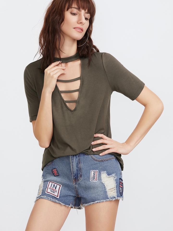 Shein Olive Green Cutout Strappy V Neck T-shirt